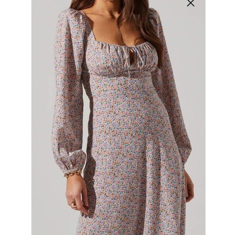 ASTR The Label Blue Orange Ditsy Floral Long Sleeve Midi Dress Size S Milkmaid